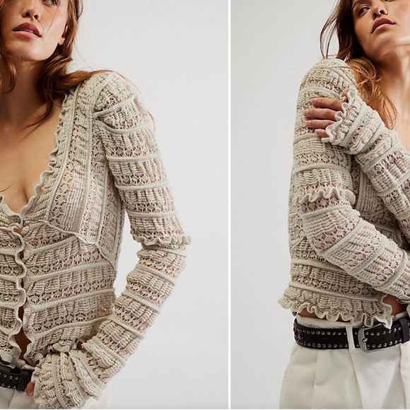 Free People Wild Roses Cardi Ruffle Soft Girl Boho Knit Cardigan Sweater Size M - Picture 10 of 11
